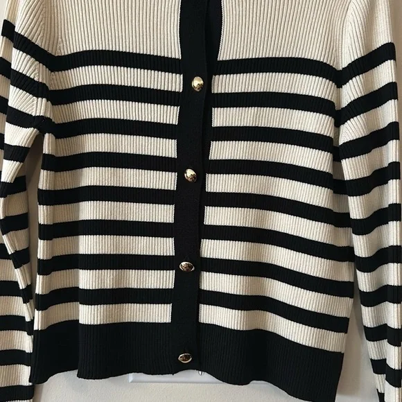 H&M Rib Knit Striped Gold Button Cardigan Sweater - Picture 6 of 11